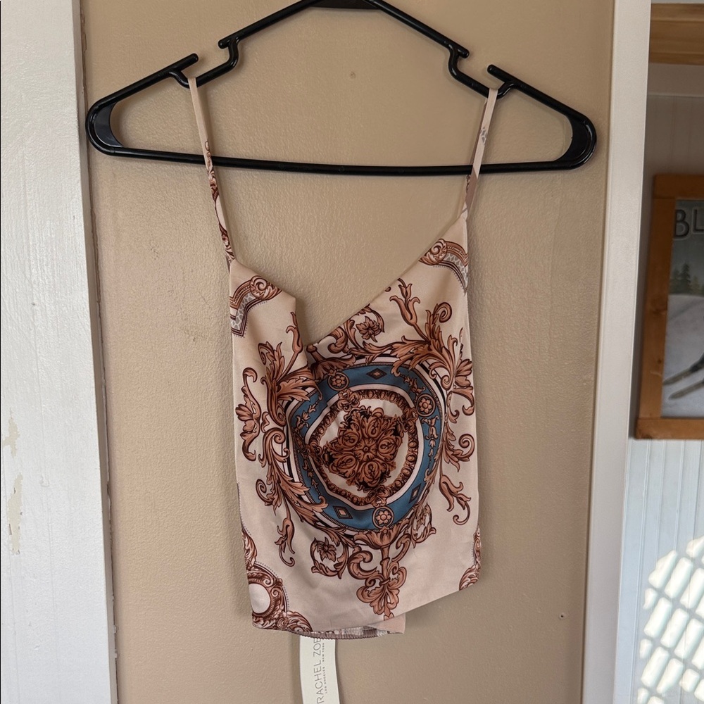 Rachel Zoe Beige Printed Cowl Neck Camisole with Blue and Brown Medallion